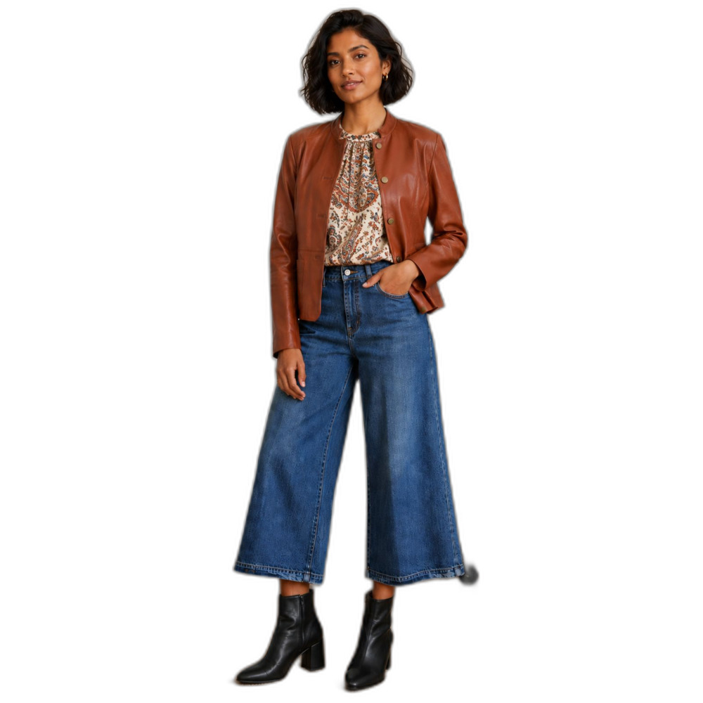 Talbots Women's Cognac/Chestnut Leather Jacket Stand Collar Button Front Size 10